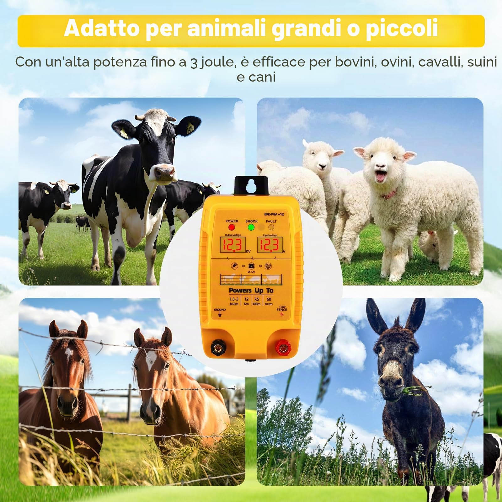 Recinzione elettrica da 12 V con display a LED, 2J 10 kV, recinzione elettrica impermeabile per 12 KM, display a LED, recinzione elettrica per bovini, pecore, pollame, bestiame, centralina per la