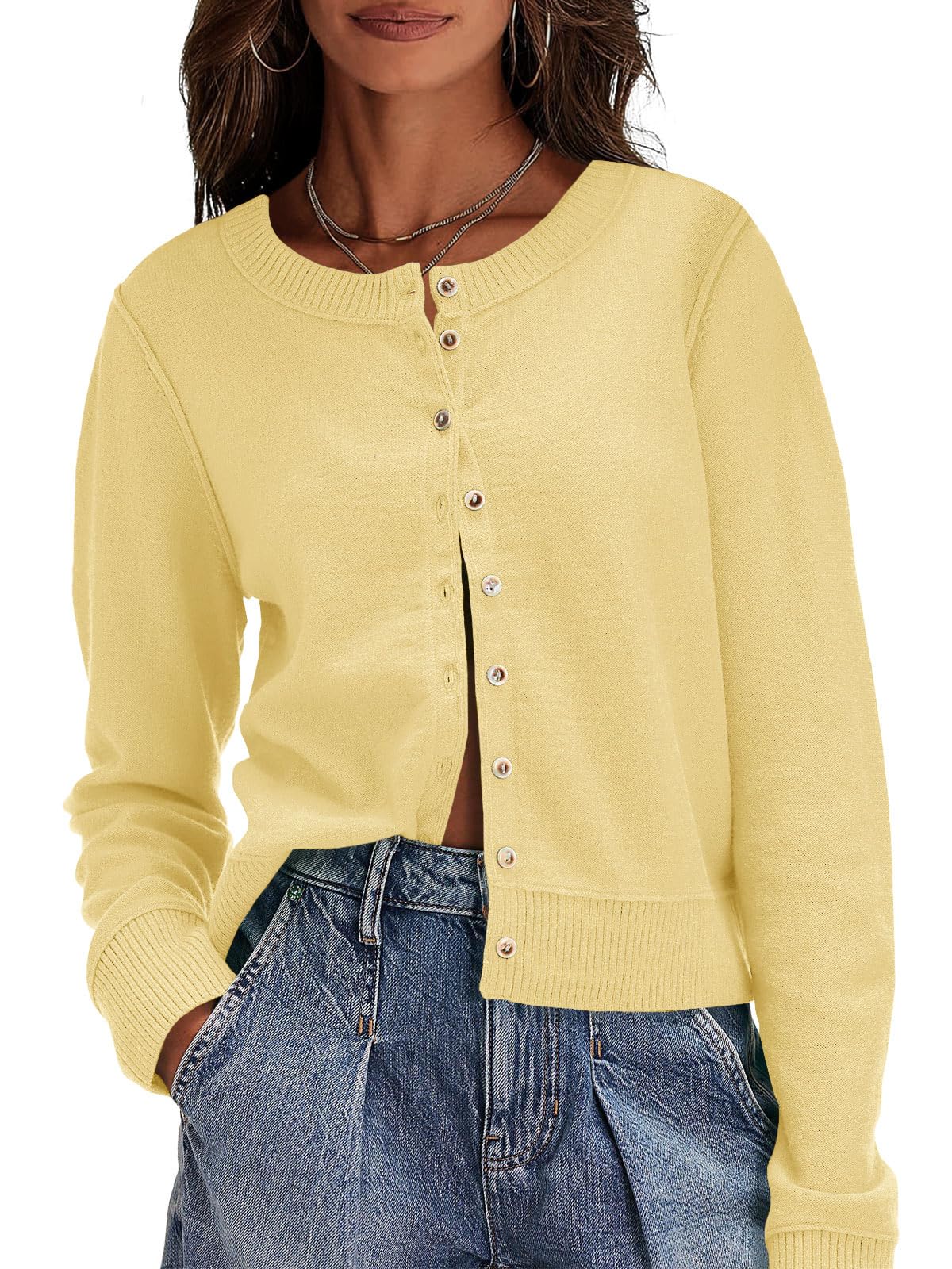 Womens Button Down Cardigan Sweaters Lightweight Long Sleeve Crew Neck Summer Knit Open Front Tops-image-48