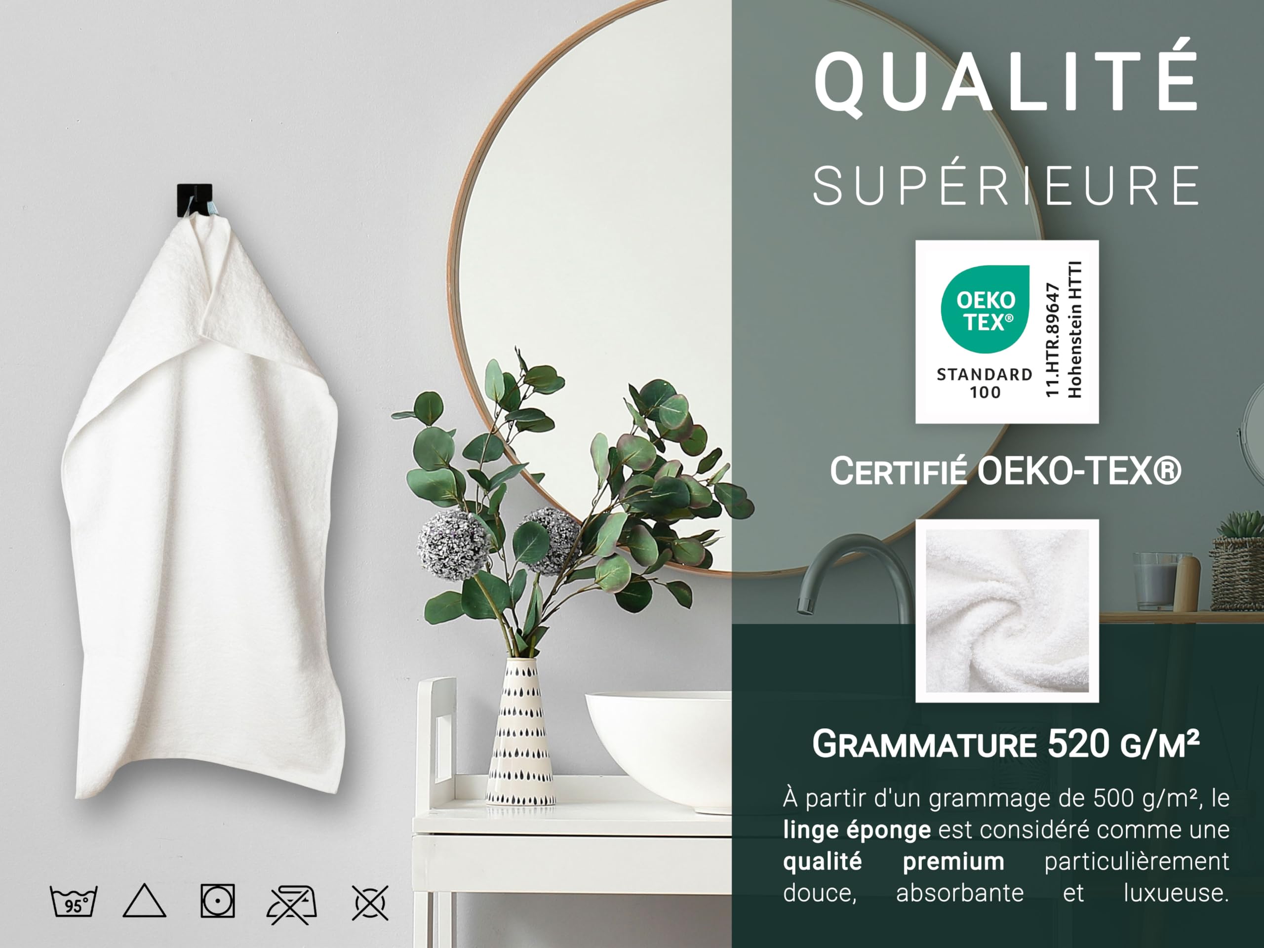 ZOLLNER Set de 6 Serviettes en 50x100 cm - particulièrement Douces et absorbantes en Blanc - avec accroche Pratique - lavables à 95°C - Coton - qualité hôtelière