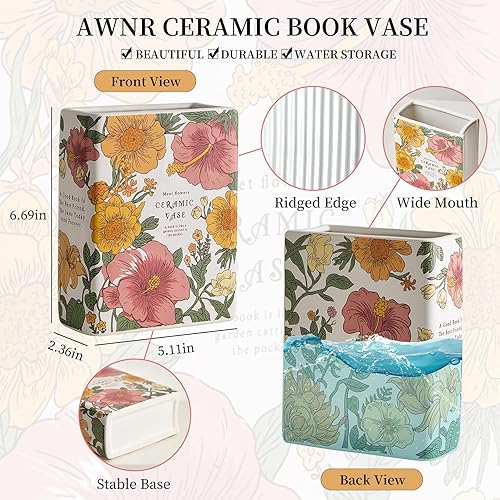 Miniatura 2 de Florero de cerámica blanca con forma de libro, florero decorativo rectangular estético para flores, decoración única del hogar para centro de mesa,