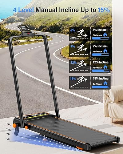 Miniatura 2 de Walking Pad Treadmill with 15% Incline & Dual LED Display, 4 in 1 Walking Pad with Handle Bar, 3.5HP Foldable Treadmill with Incline, Treadmills for