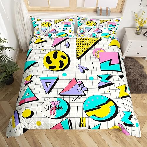 Miniatura 16 de Juego de funda de edredón estilo Memphis, tamaño matrimonial, diseño abstracto colorido con puntos funky para niños y niñas, funda de edredón