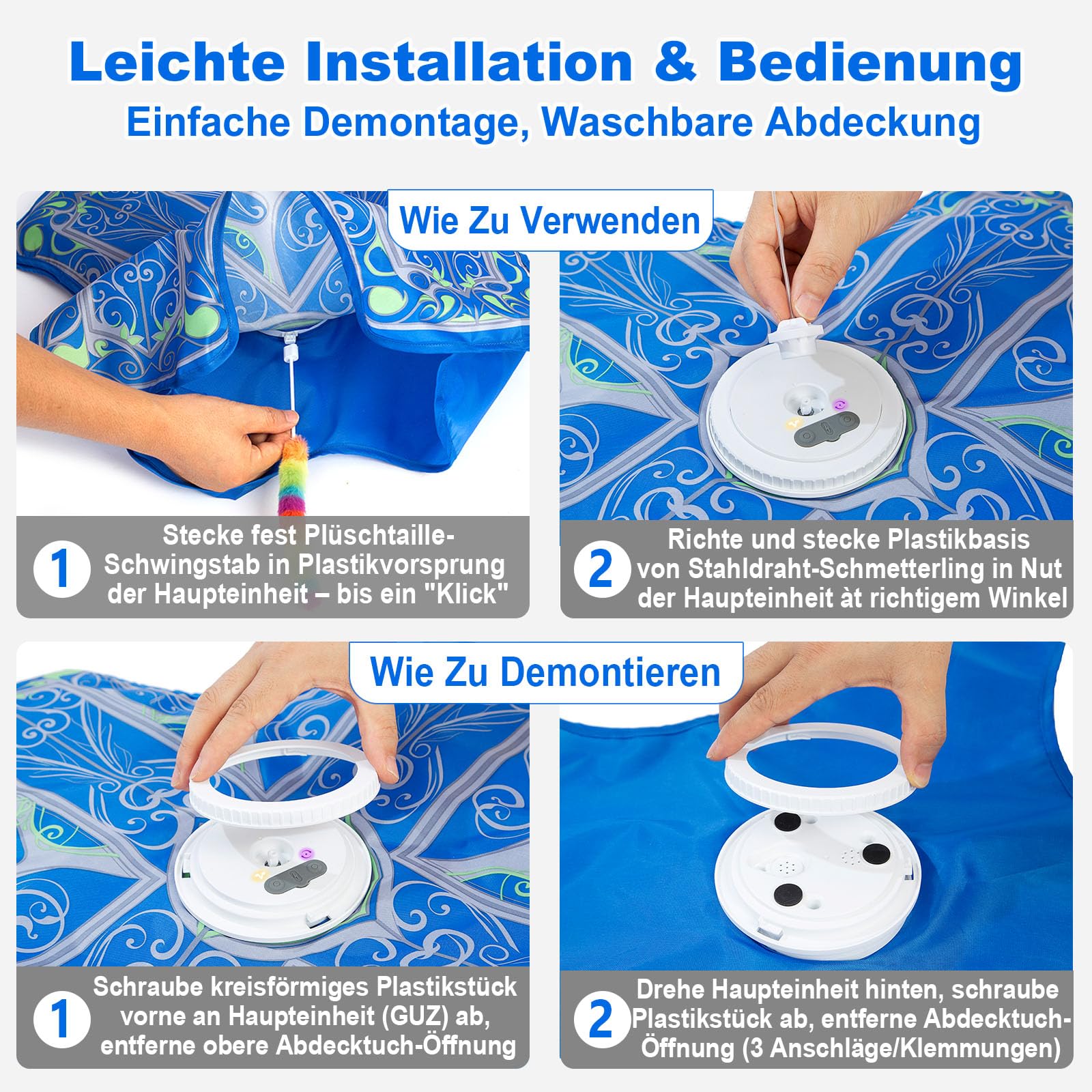 Interaktives Katzenspielzeug für Wohnungskatzen, [Neu aufgewertet] Wiederaufladbar, berührungsaktiviertes Versteckspiel-Katzenspielzeug mit flatterndem Spielzeug (Blau)