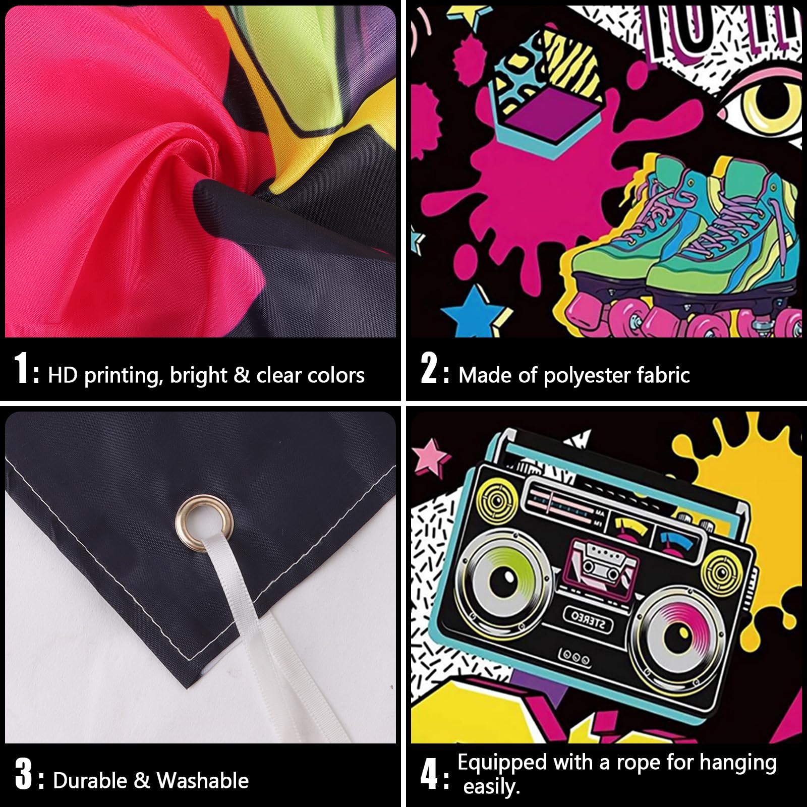 Avezano 1.8x1.2m 90s Fête Toile De Fond Hip Hop Rock Punk Musique Danse Disco Rétro Adulte Anniversaire Coloré Graffiti Mur Bannière Décorations Photo Booth Shoot Photographie Fond