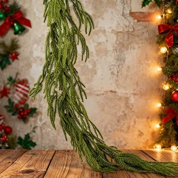 5FT Realistic Norfolk Pine Christmas Garland, Artificial Green Garland for Fireplace, Stairs, Doors & Windows, Indoor Outdoor Holiday Decorations, PE Material with Hanging Loops5ft