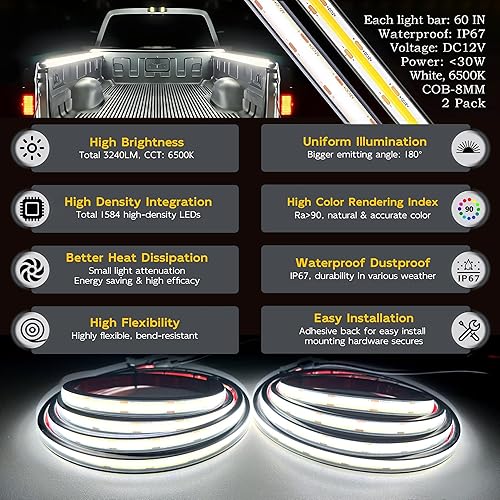 Miniatura 2 de Luces LED para caja de camión, 60 pulgadas, paquete de 2, COB 1584 LED, color blanco, 6500 K, 12 V, 30 W, IP67, con interruptor, soporte de fusibles