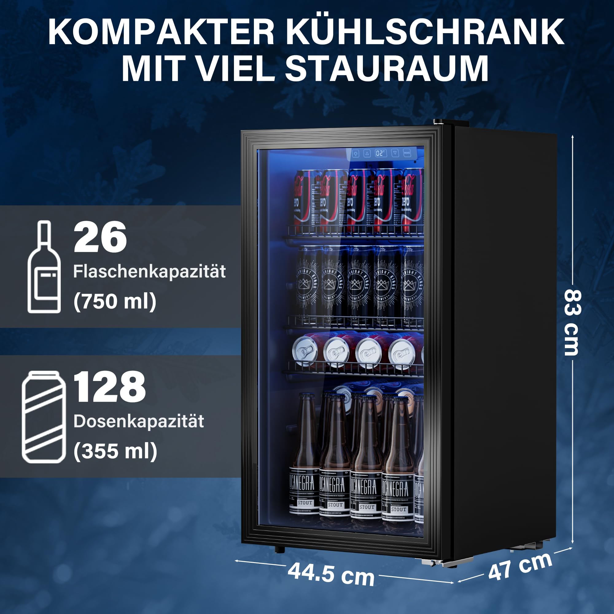 Airfish Getränkekühlschrank 90L Glasfront Mini-Kühlschrank verstellbare Regale 128 Dosen Bier Wein