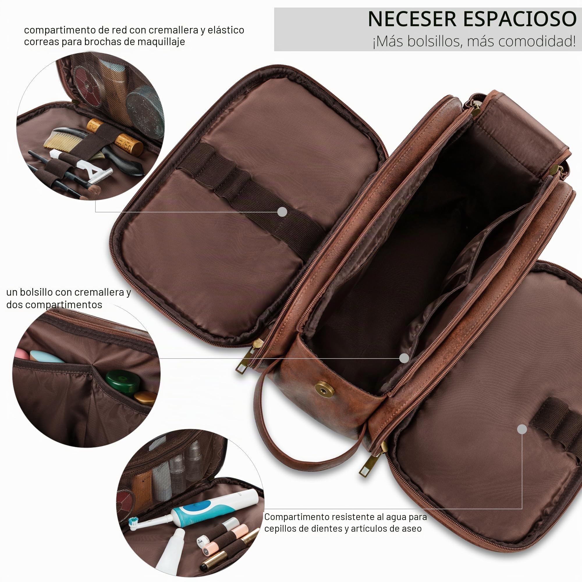 Elviros Neceser Hombre de Viaje, Bolsa de Aseo Grande Impermeable PU, Organizador Portátil con Gran Capacidad, Dopp Kit Hombre para Gimnasio y Trabajo
