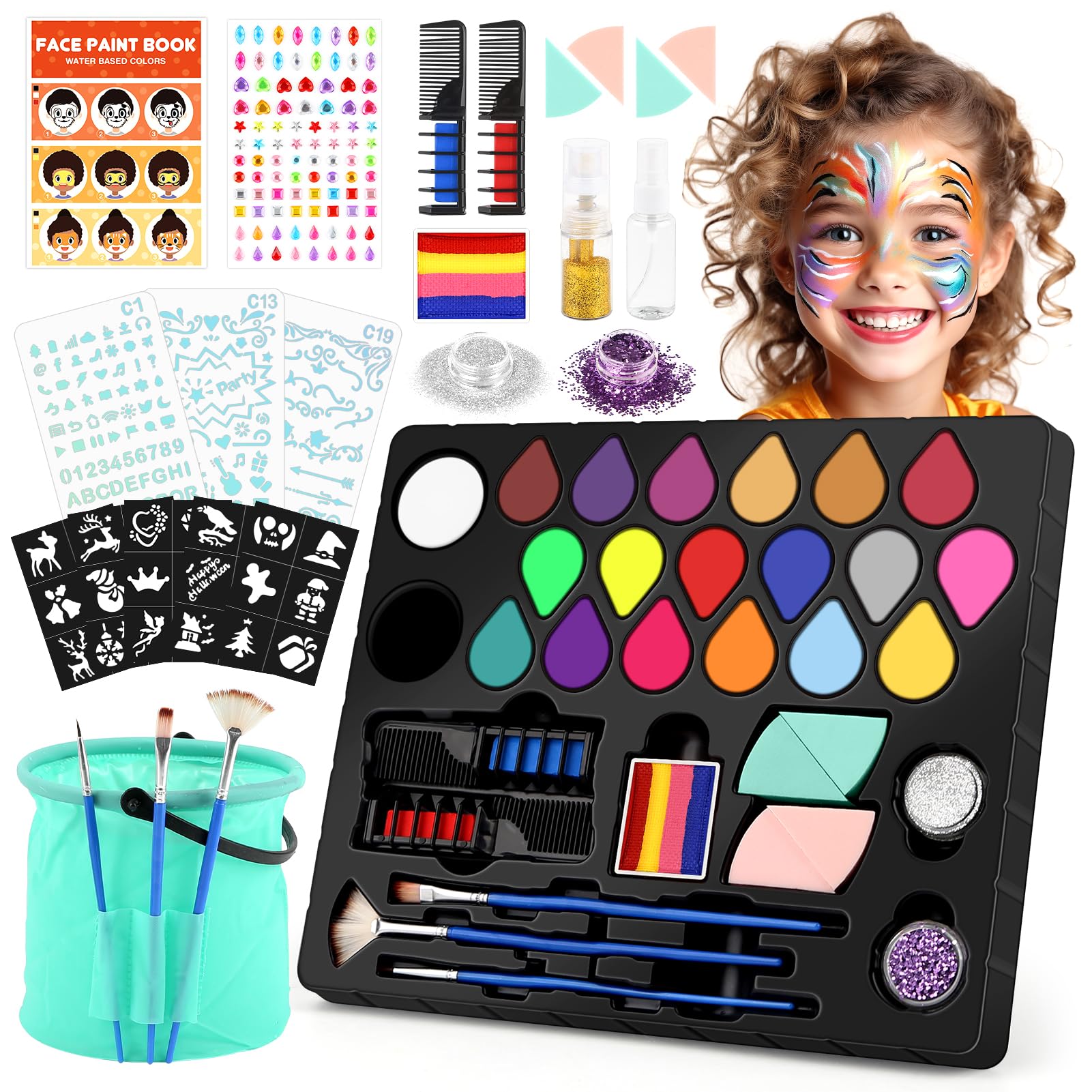 Dreamon Truccabimbi Kit 20 Colore Truccabimbi Kit Anallergici Atossici con 6 Adesivi 3 Stencil 1 Secchio Pieghevole Adatto per Trucco Bambina Halloween Carnevale Feste Natale