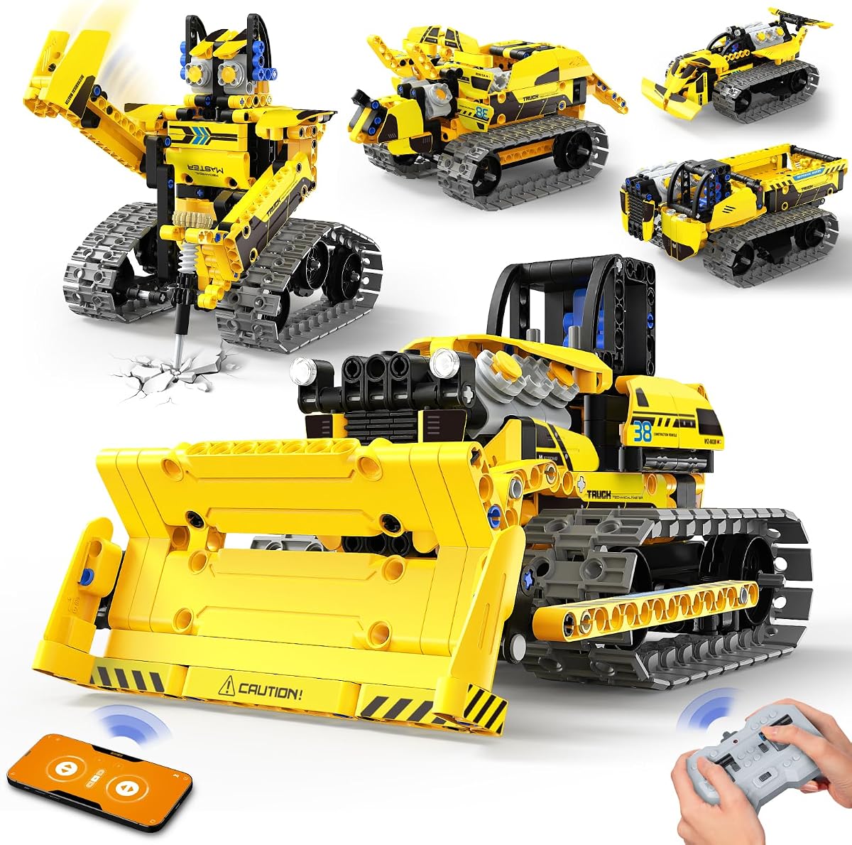 Juegos de construcción de juguetes robot bulldozer 5 en 1, regalo STEM para niños de 8 a 12 años | Kit de robótica de codificación, juguetes de ingeniería de control remoto y aplicación, juguetes STEM para edades de 8 a 13 años, regalo de cumpleaños para niños mayores de 6 años, 452 piezas
