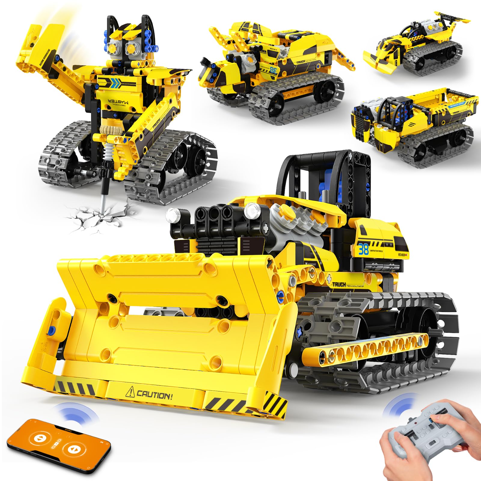 5 in 1 STEM Robot Toy Building Kit, 452 PCS Blocks App & Remote Control Engineering Toys Robotics for Kids Ages 8-12, RC Bulldozer Erector Sets for Boys Girls 6 7 9 10 11 13 14+ Birthday Gifts