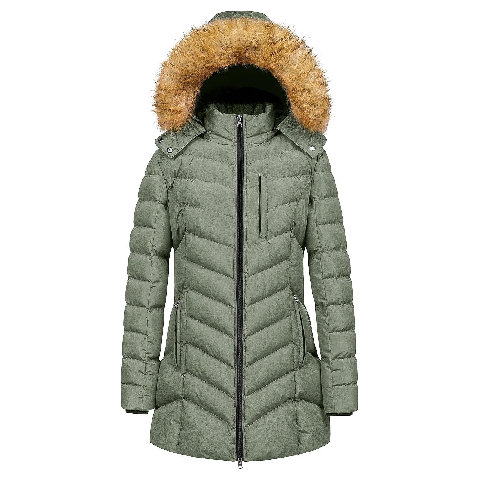 BUKKNYE Womens Winter Coats Women Parka Coat Winter Warm Jacket Fleece Lined Thick Coat with Removable Faux Fur Hood Windproof Outerwear Blackish Green