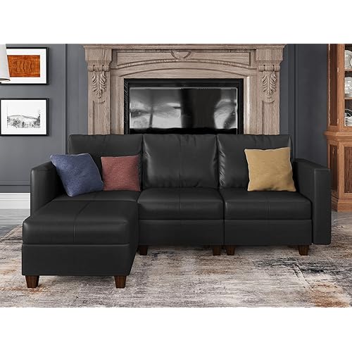 EASE MOOSE Faux Leather Sectional Couch with Storage,Black U Shaped Faux Leather Modualr Sofa Couch，with Storage