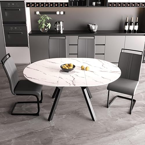 Miniatura 12 de Juego de mesa de comedor redonda extensible para 6, juego de mesa de comedor de 7 piezas con mesa extensible de 47-63 pulgadas y 6 sillas tapizadas,