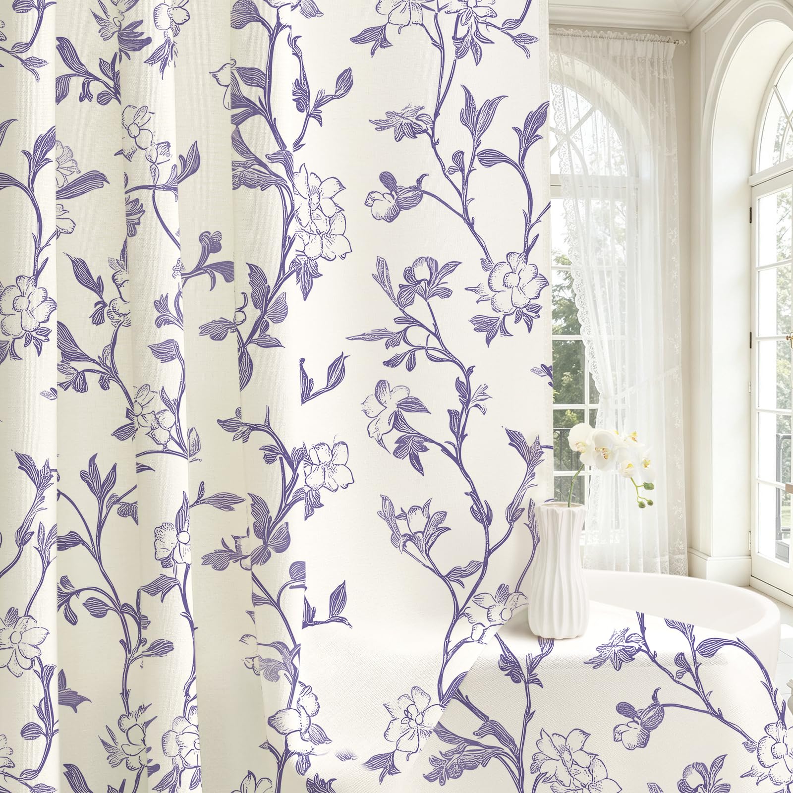 Lavender Floral Cotton Shower Curtain, Cottage Farmhouse Style, 72x78
