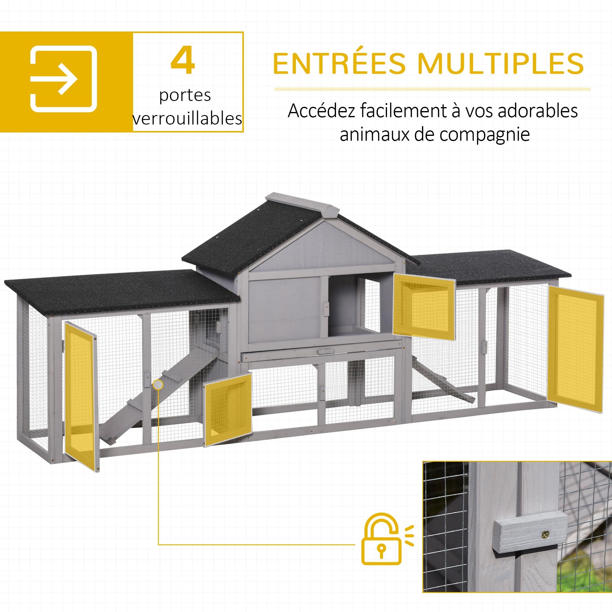 PawHut Conigliera Conigliera per roditori XXL Conigliera per nani 2 piani Tetto in bitume Cassetto integrato per gli escrementi 210L x 45,5l x 84,5H cm Legno massiccio Pino preoliato