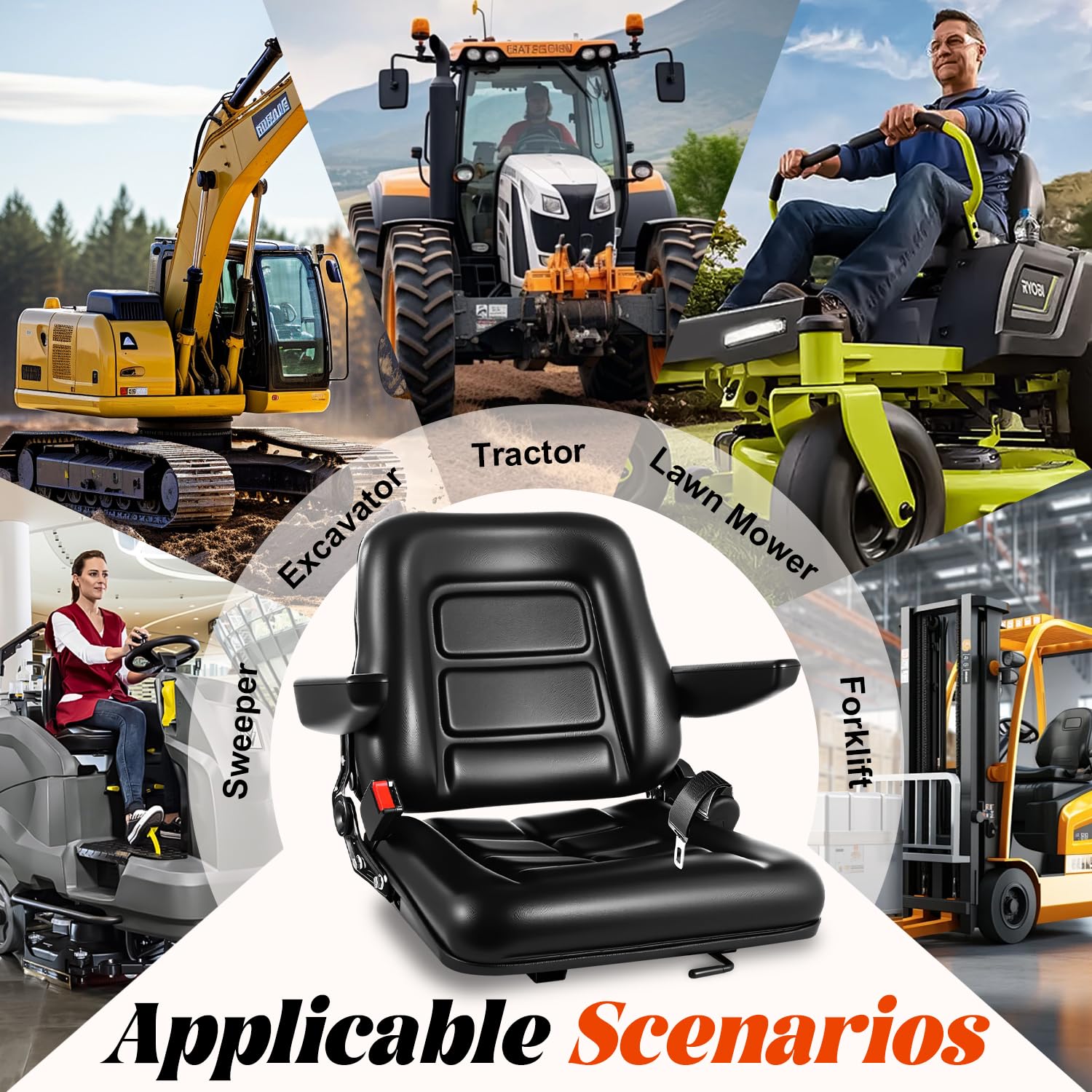 Universal Forklift Seat,Fold Down Tractor Seat with Adjustable Angle Back,Forklift Seat with Retractable Safety Belt,for Tractor,Skid Loader,Excavator,Dozer,Backhoe — view 5