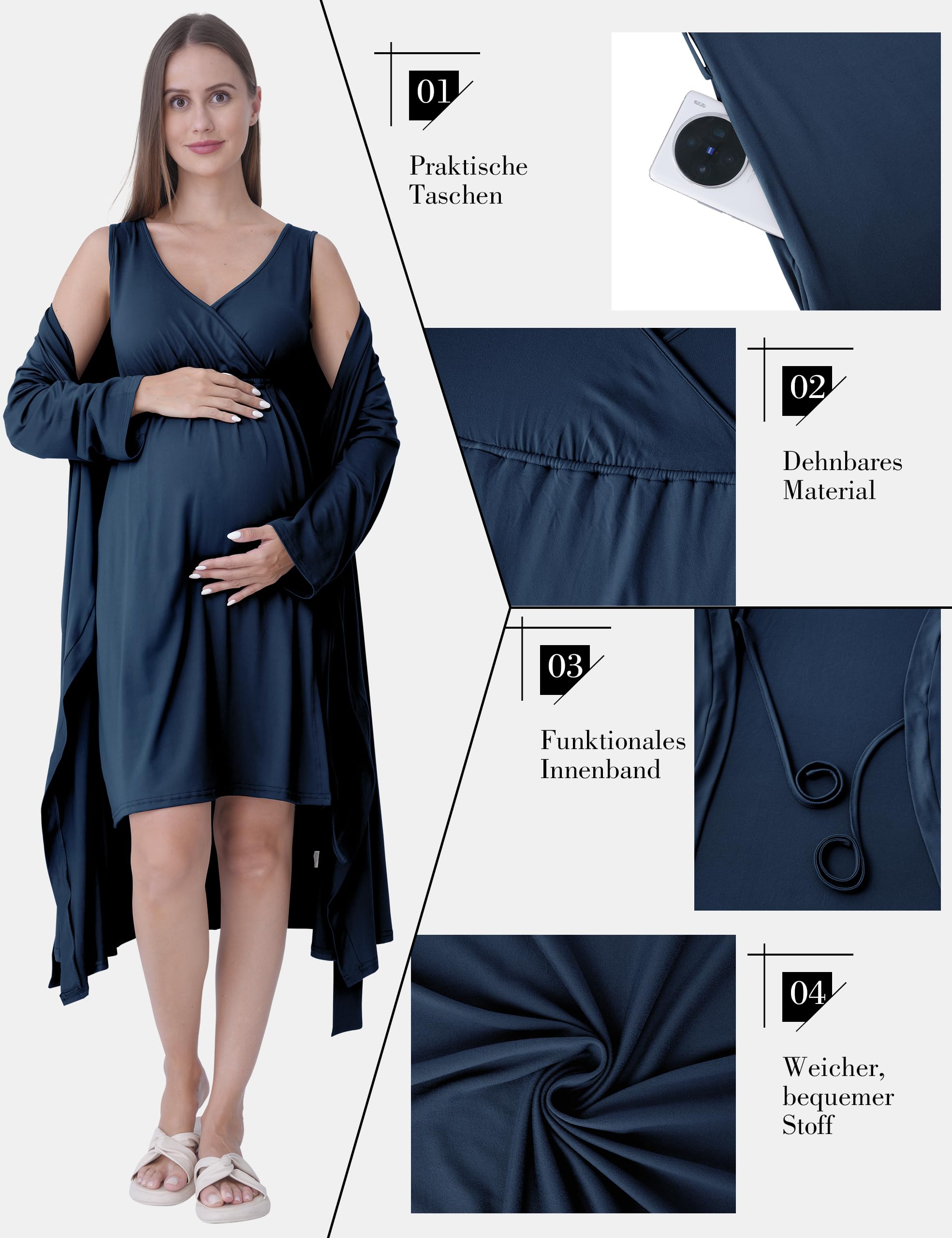 SUNNYBUY Camisón de maternidad y lactancia con bata, 2 piezas, juego de vestido de noche 3 en 1 para el parto, el parto y la lactancia, ropa de dormir hospital, azul marino, L