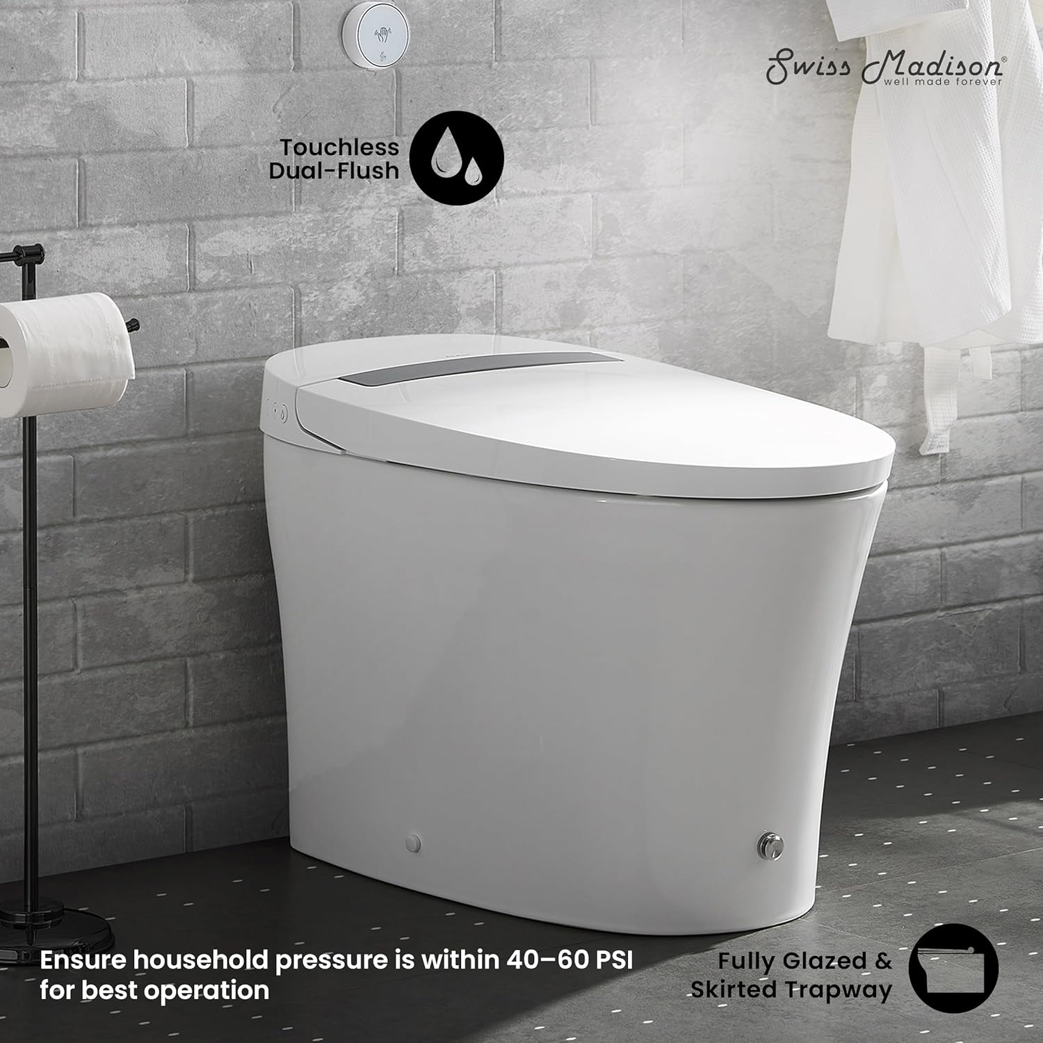 Toilet with wall sensor and touchless dual-flush feature