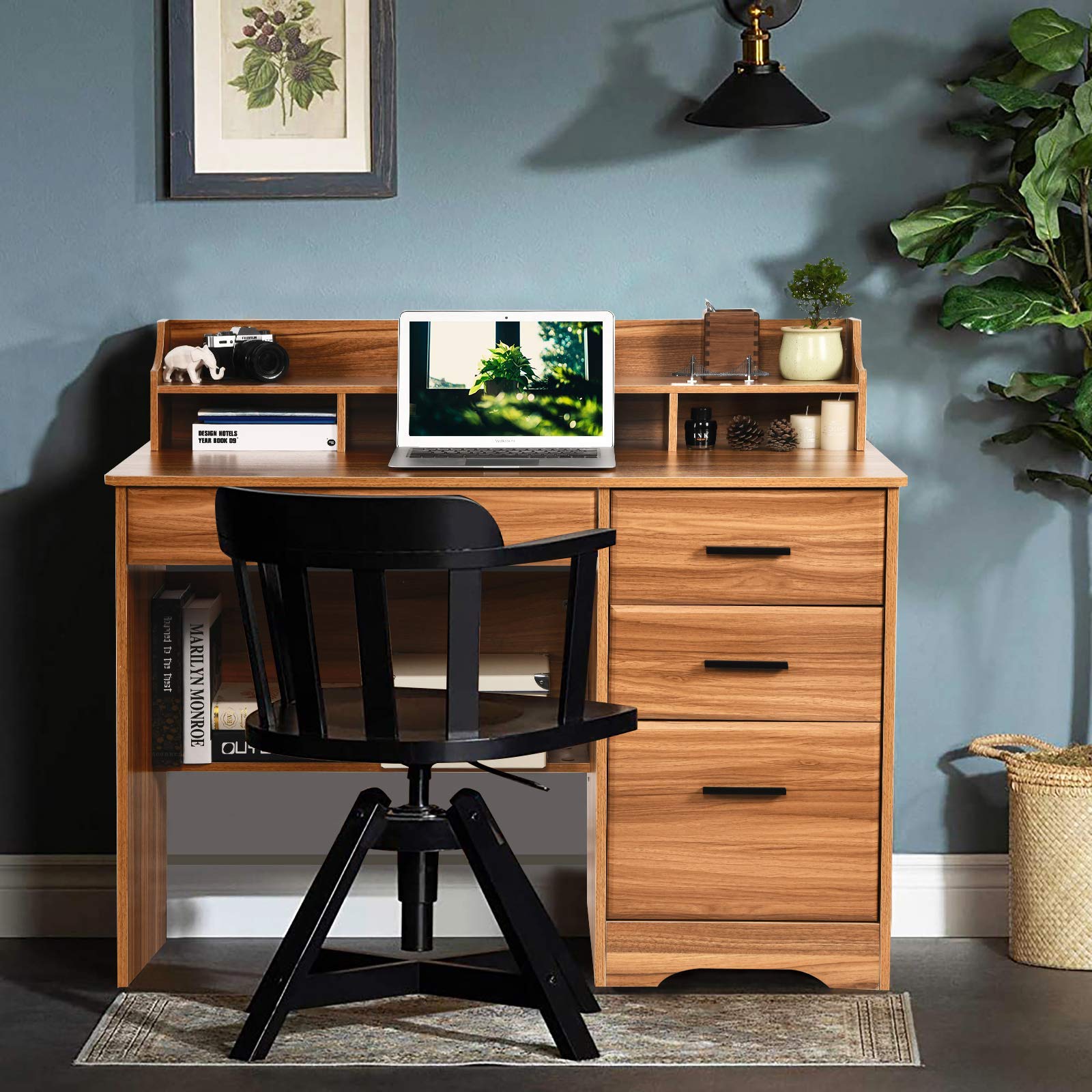 Computer Desk with Drawers and Hutch, Farmhouse Home Office Desk