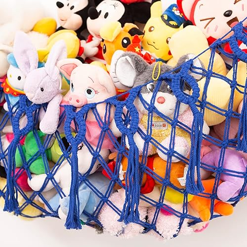 Miniatura 3 de Red de animales de peluche o hamaca para colgar en la pared, cesta de macramé, malla de almacenamiento de juguetes (azul)