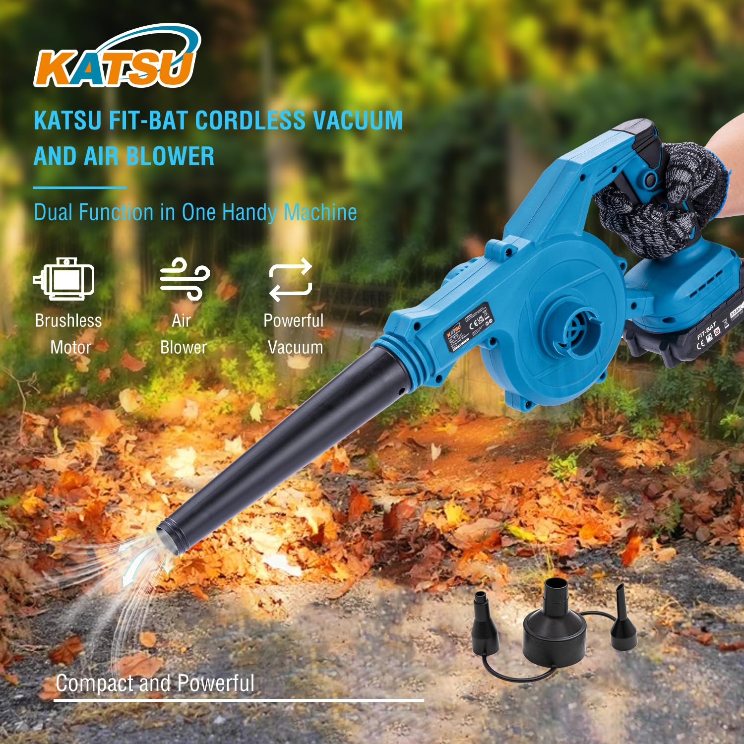 KATSU FIT-BAT 21V Soplador a Batería Brushless con 1.5Ah Batería y Cargador, Soplador de Hojas de Polvo de Aire Inalámbrico sin Escobillas para Jardín Hogar Cuidado Césped