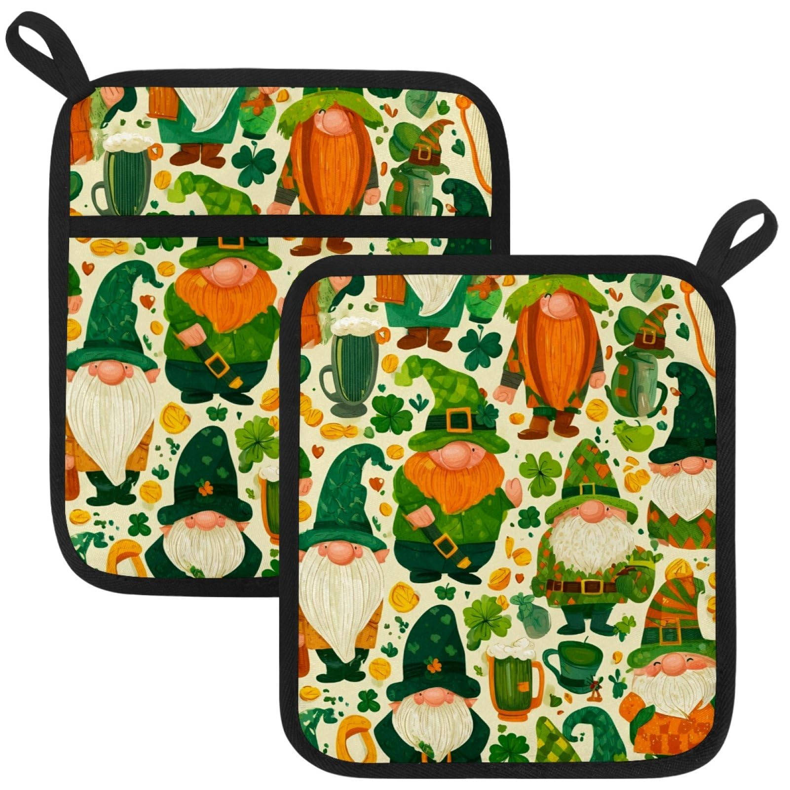VAPOKF St. Patrick's Day Gnome Heat Resistant Pot Holders, Thick Pot Holders Pad with Hanging Loop for Kitchen, Oven Cloth Pads for Kitchen Baking Microwave Oven