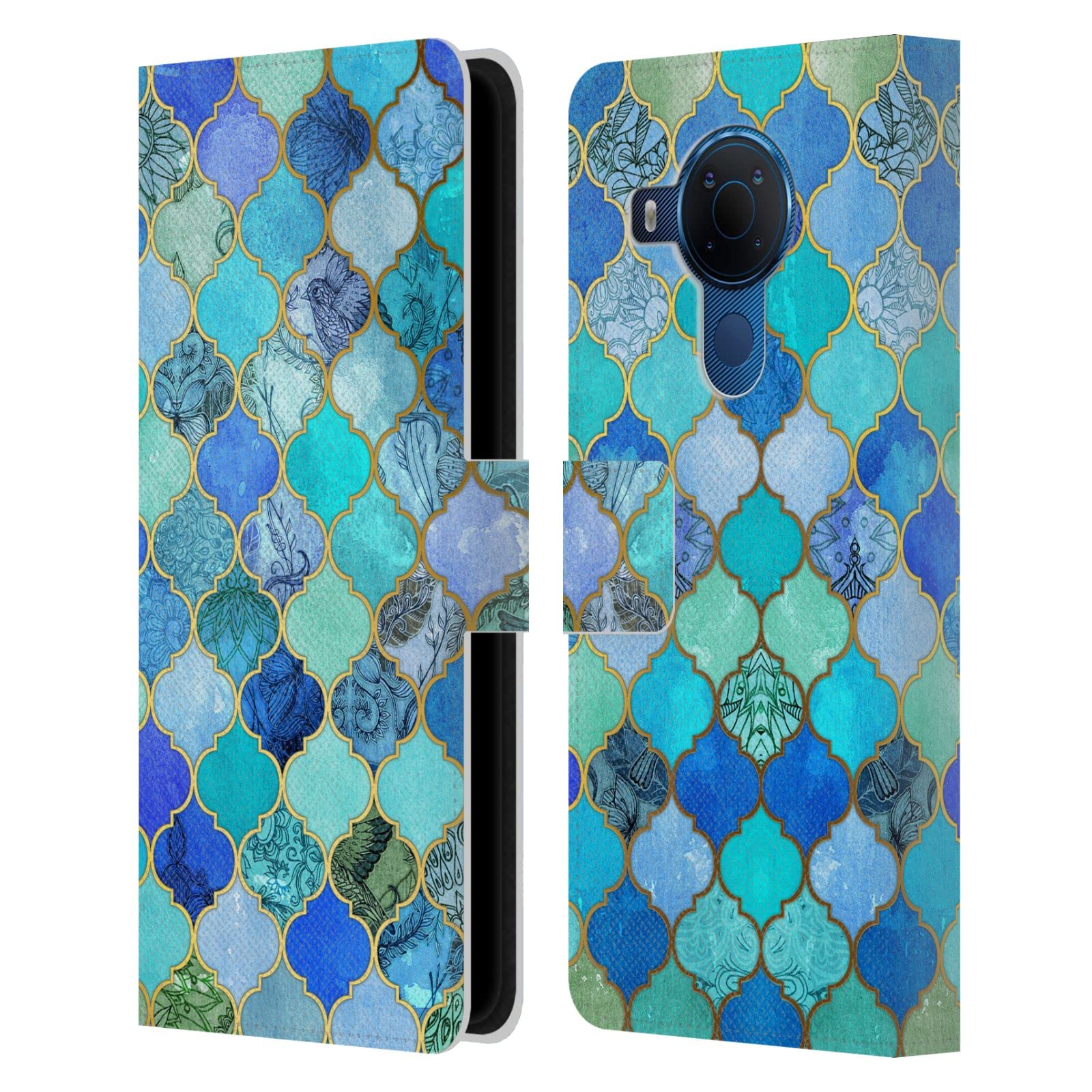 Head Case Designs Officially Licensed Micklyn Le Feuvre Aqua and Gold Moroccan Leather Book Wallet Case Cover Compatible With Nokia 5.4