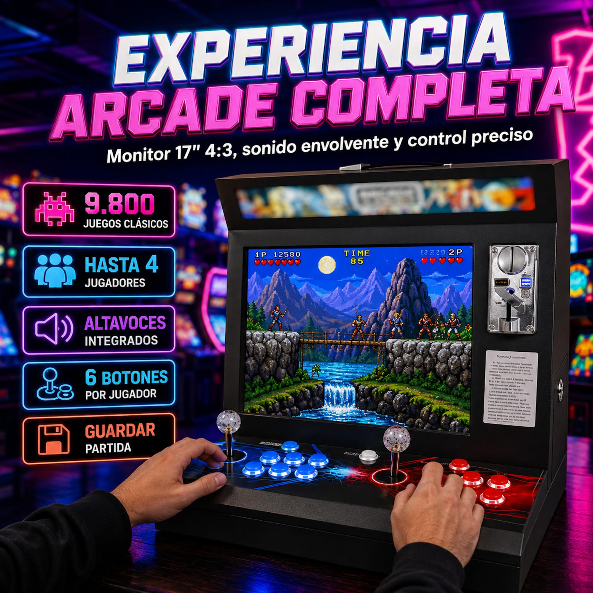 Máquina Arcade Tipo Bar Top 17” 4:3 | 9.800 Títulos Retro y 3D | 2 Jugadores con 6 Botones y Joysticks Arcade | Altavoces y Monedero Integrados | Compatible con hasta 4 Jugadores