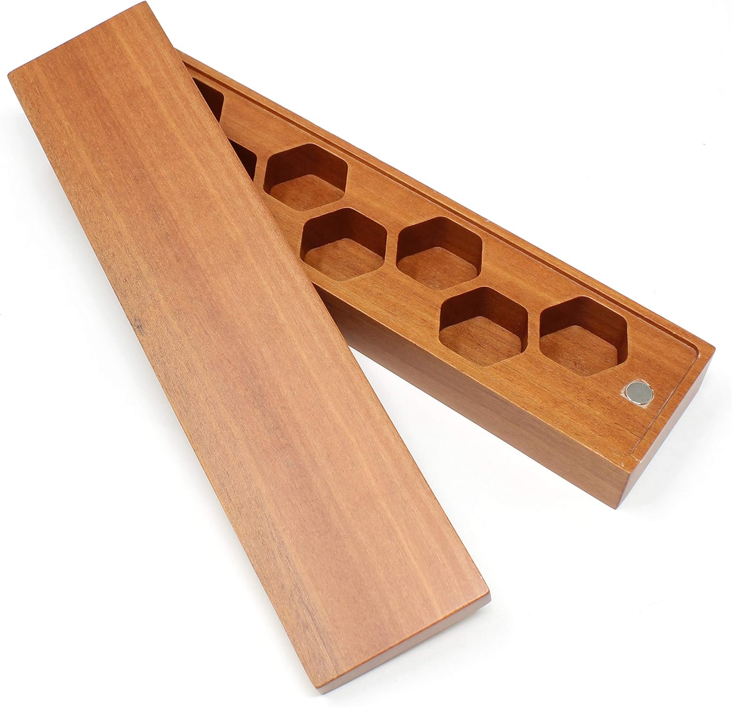 Wood Dice Storage Case with Magnetic Lid - Box Holds 7 Piece Die Set - Red Sandlewood