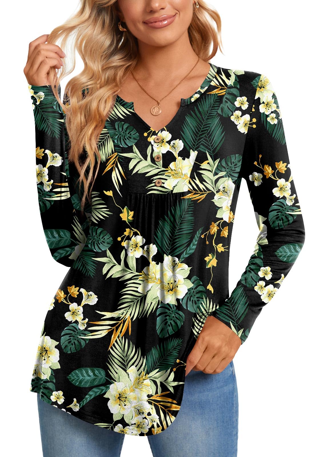 CATHY Womens Long Sleeve Tops 2026 Fall Fashion Henley Shirts Dressy Casual Pleated Tunic V-neck Button Down Blouses