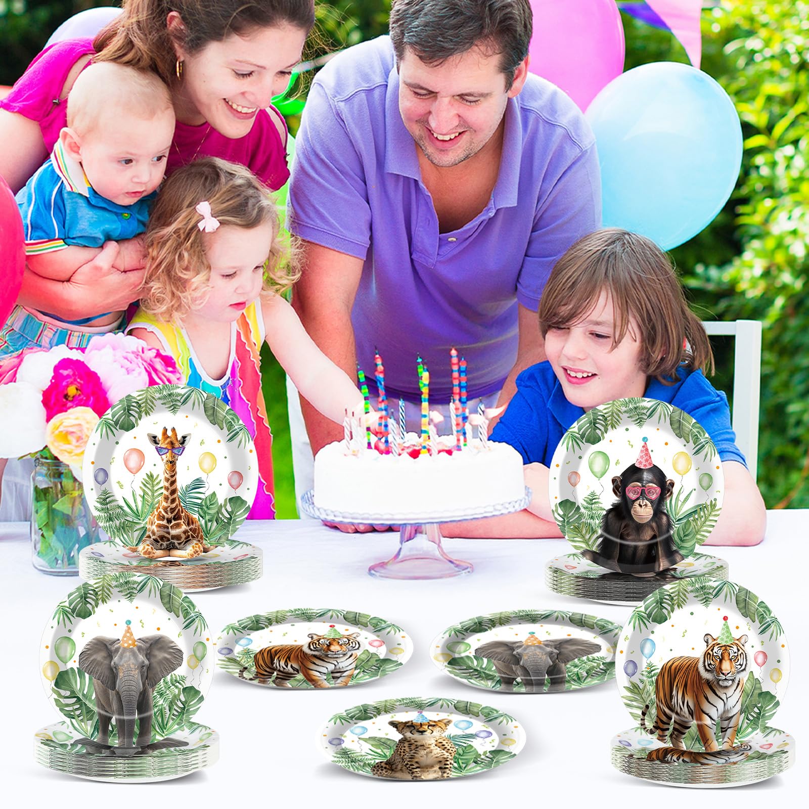 ZOIIWA Juego de 60 platos de fiesta de safari de la selva de 7 pulgadas, diseño de animales salvajes, vajilla de papel de cumpleaños, decoraciones temáticas de animales de safari para niños y niñas