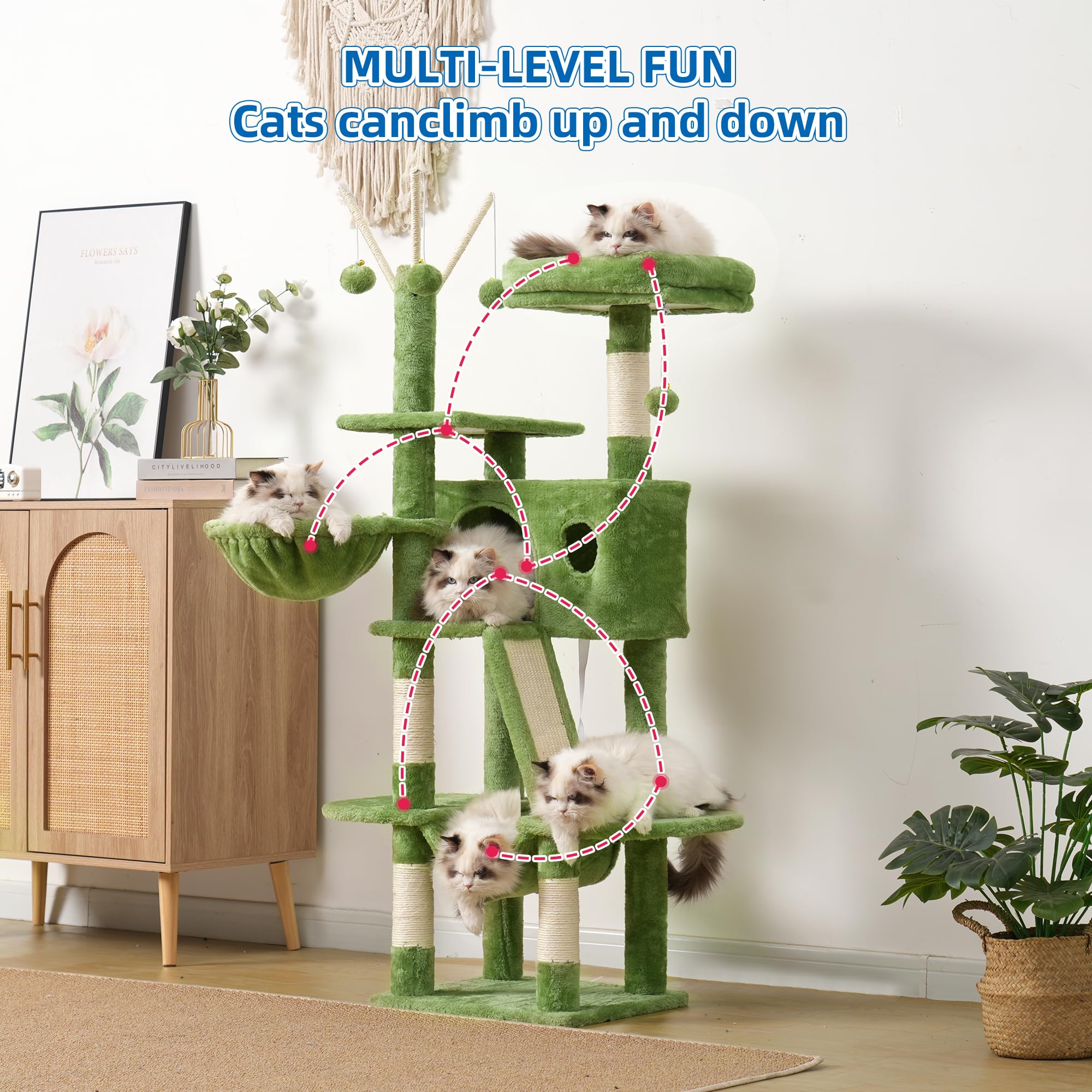 Hey-brother Katzenbaum 155 Cm – Mit Kratzsäulen, Hängematte, Höhle & Spielzeug Für Indoor-Katzen