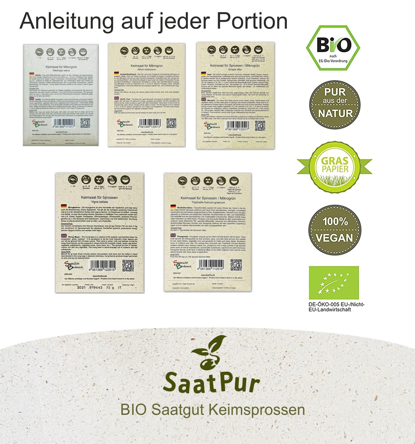 SaatPur BIO Keimsprossen Set Sortiment 5 BIO Sorten Asia Mix - Bockshornklee Alfalfa Mungo Senf chinesischer Porree Schnittknoblauch