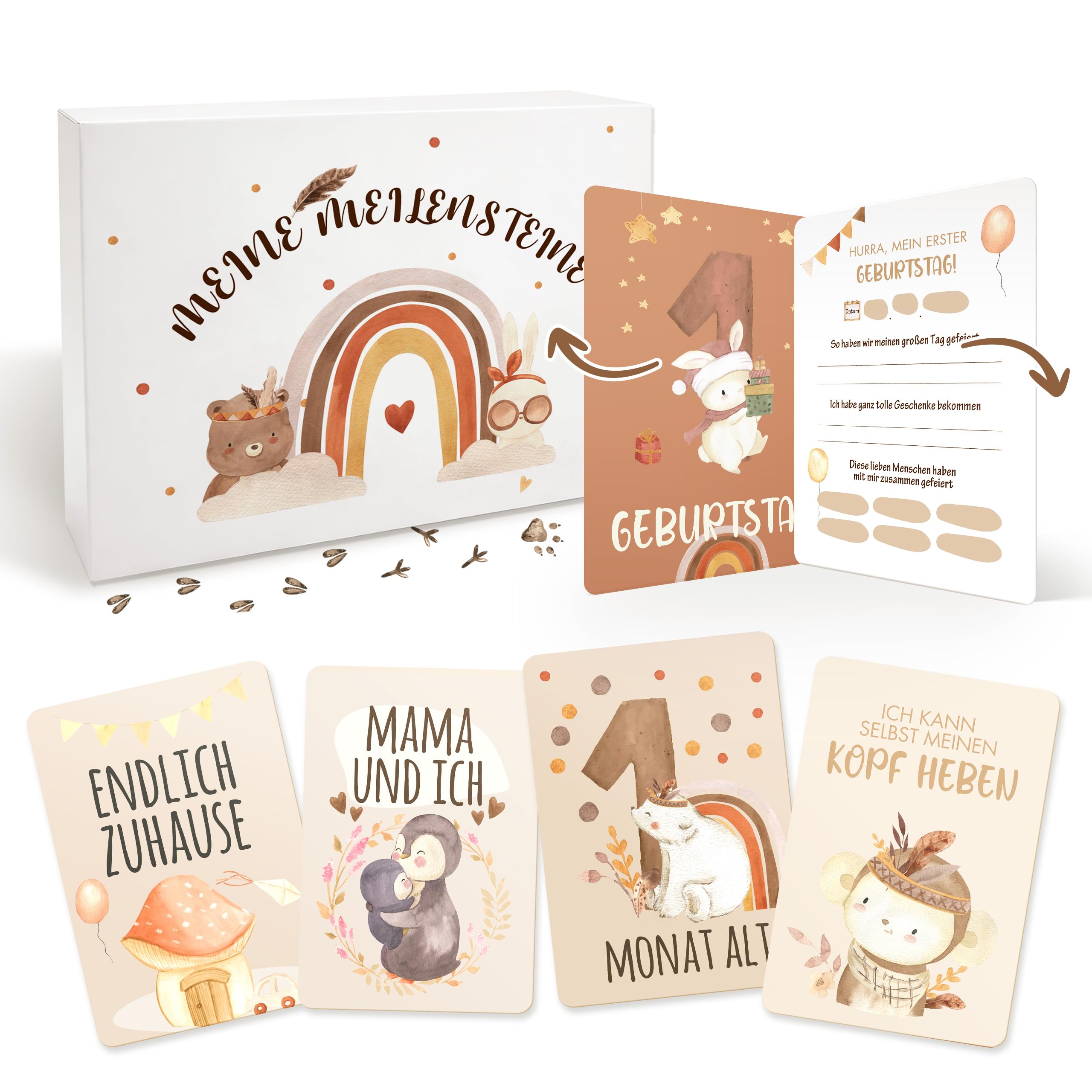 50 Meilensteinkarten Baby, Boho Stil Meilensteinkarte, Geschenkbox für Jungen & Mädchen, Meilenstein Karten Set als Geschenk zur Geburt & Babyparty, Geschenkidee zur Geburt, Taufe oder Babyparty