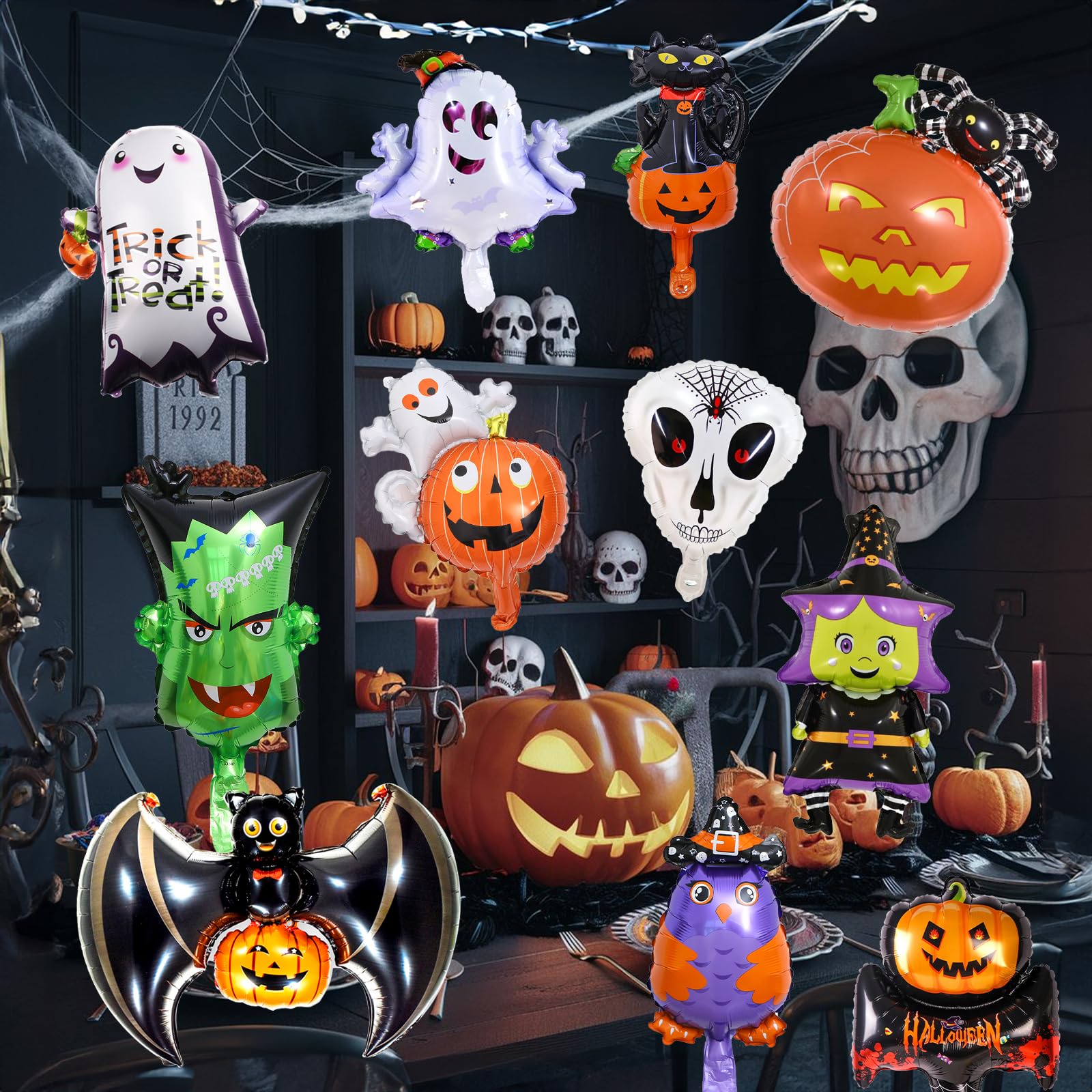 11 Stück Halloween Folienballon Set, Mini Luftballon Geist Spinne Kürbis Katze Hexe Monster Totenkopf Eule Helium Halloween Deko Ballon für Kinder Gruselig Halloween Trick or Treat Party Dekoration