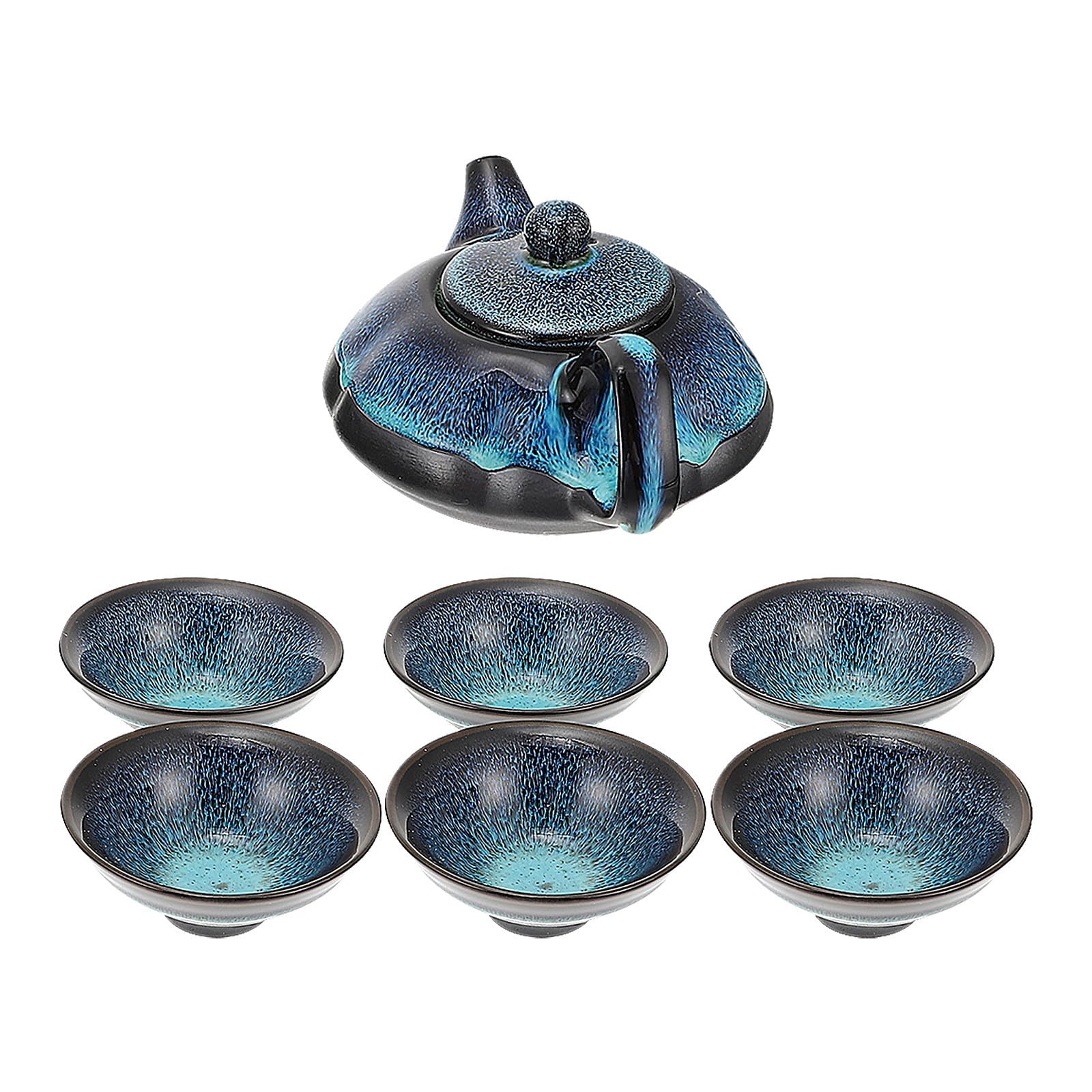 Juego de té de cerámica azul de superficie lisa con tetera y taza premium