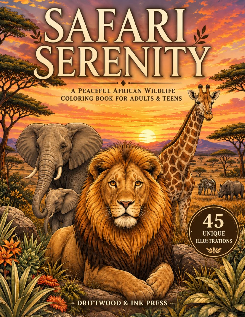 Safari Serenity: A Peaceful African Wildlife Coloring Book for Adults & Teens