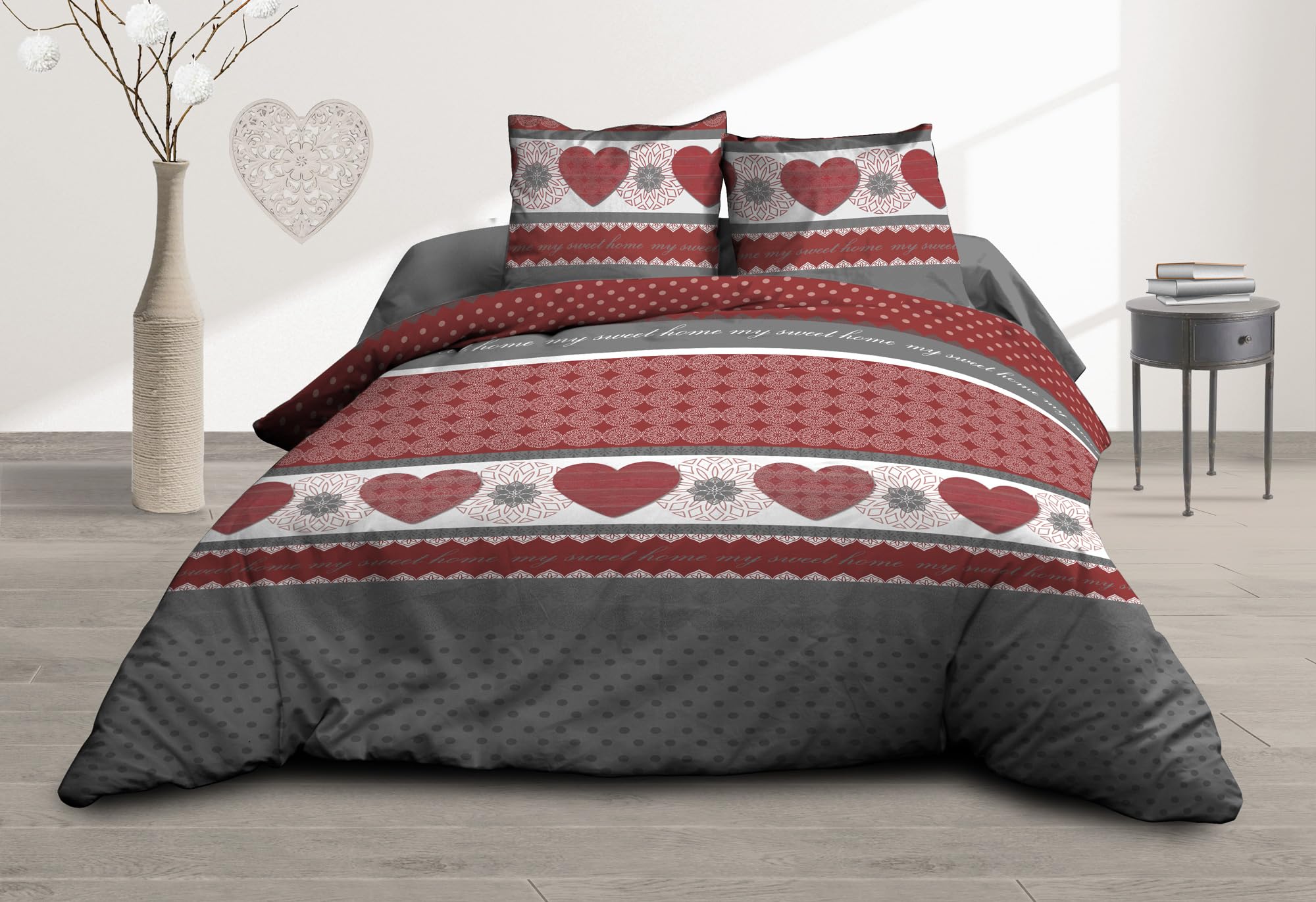 Parure Drap Plat + Drap-Housse 160x200 + 2 T - Pur Coton 57 Fils - Coeurs Rouge