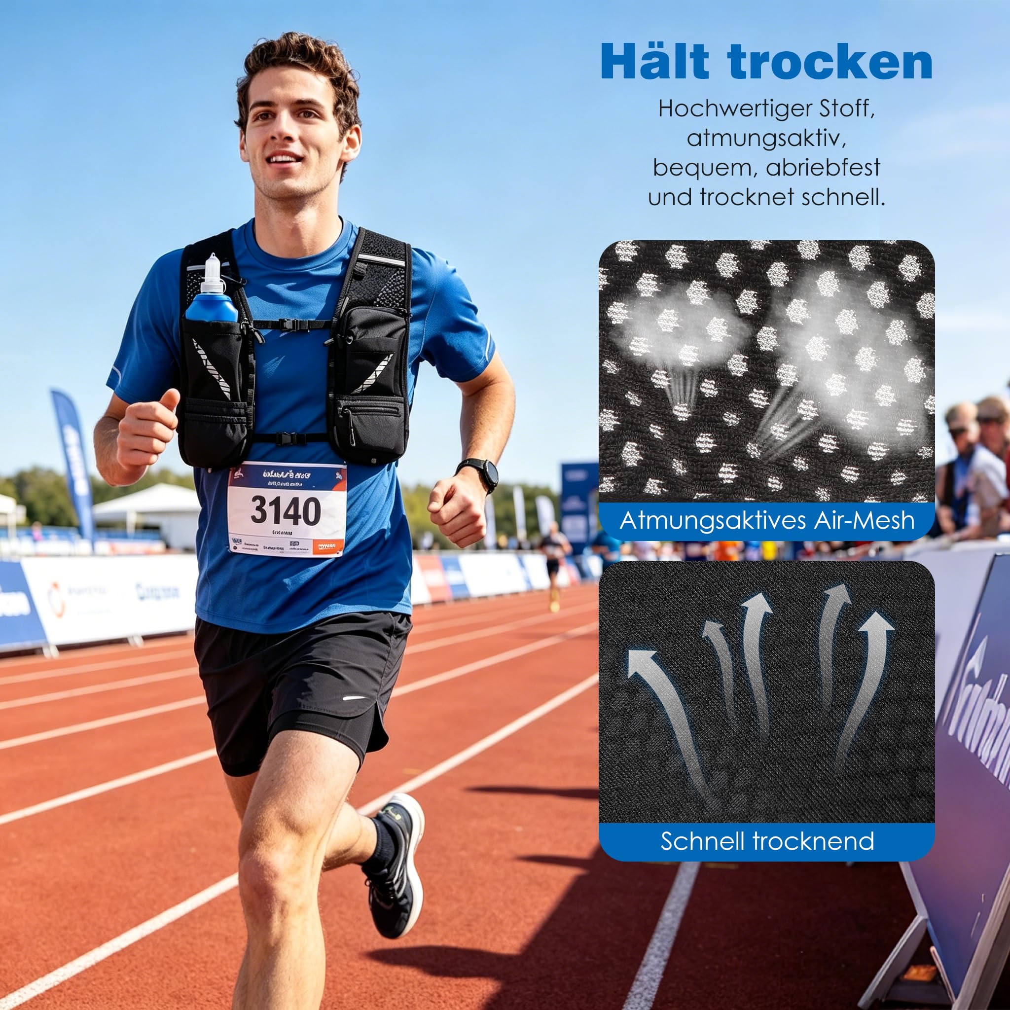 FIVAVA - Laufweste für Damen und Herren – mit 2 faltbaren Trinkflaschen (500ml) – Reflektierende Running Vest mit Trinkrucksack – Ideal für Marathon, Trailrunning, Jogging & Radfahren