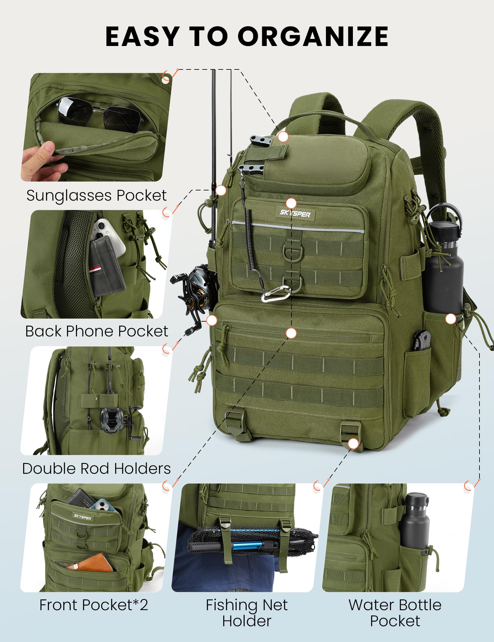 SKYSPER Zaino da Pesca 40L,Borsa Pesca con Cinghia Imbottita Zaino Tattico Militare Molle