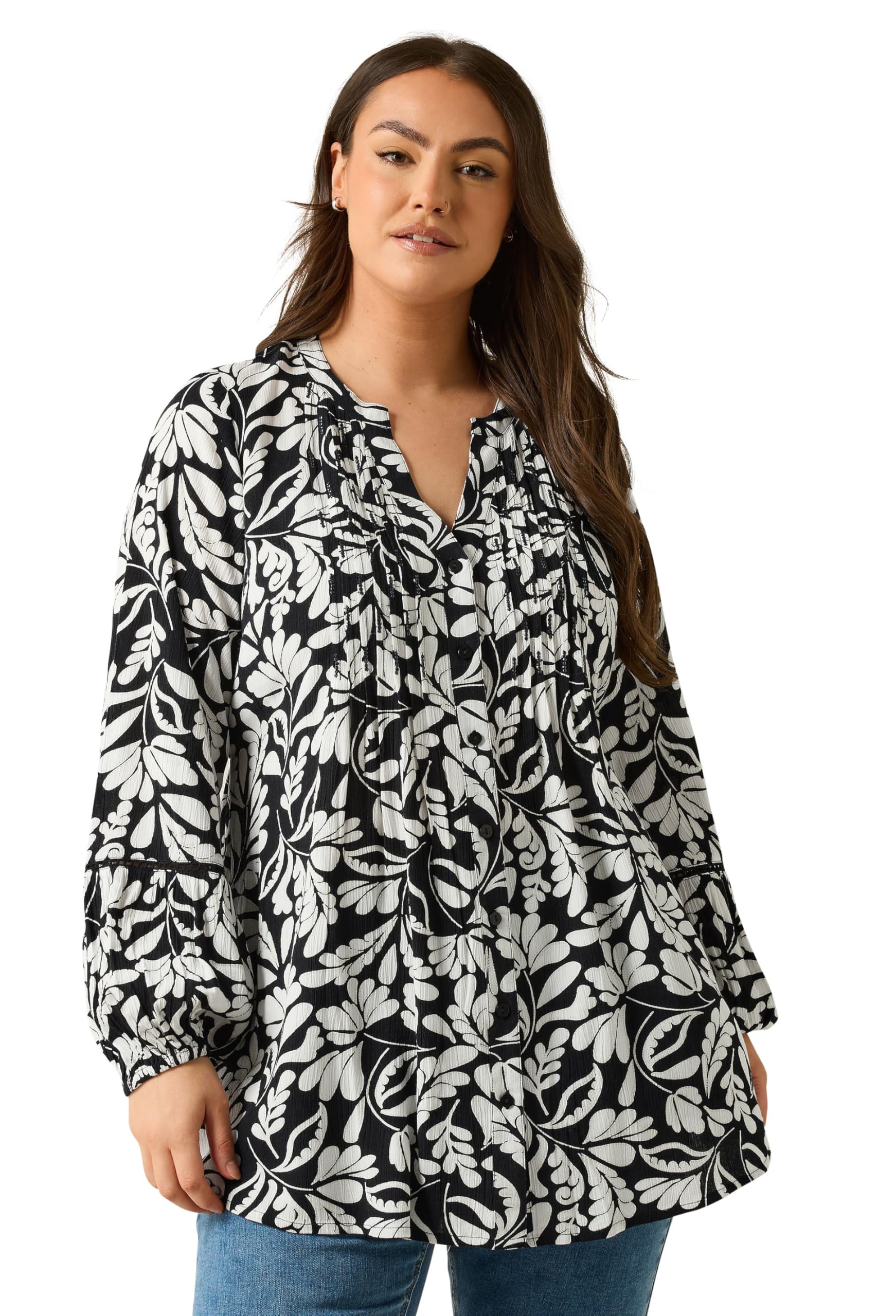 Evans Women's Black Curve Floral Print Pintuck Blouse - Plus Size Curve