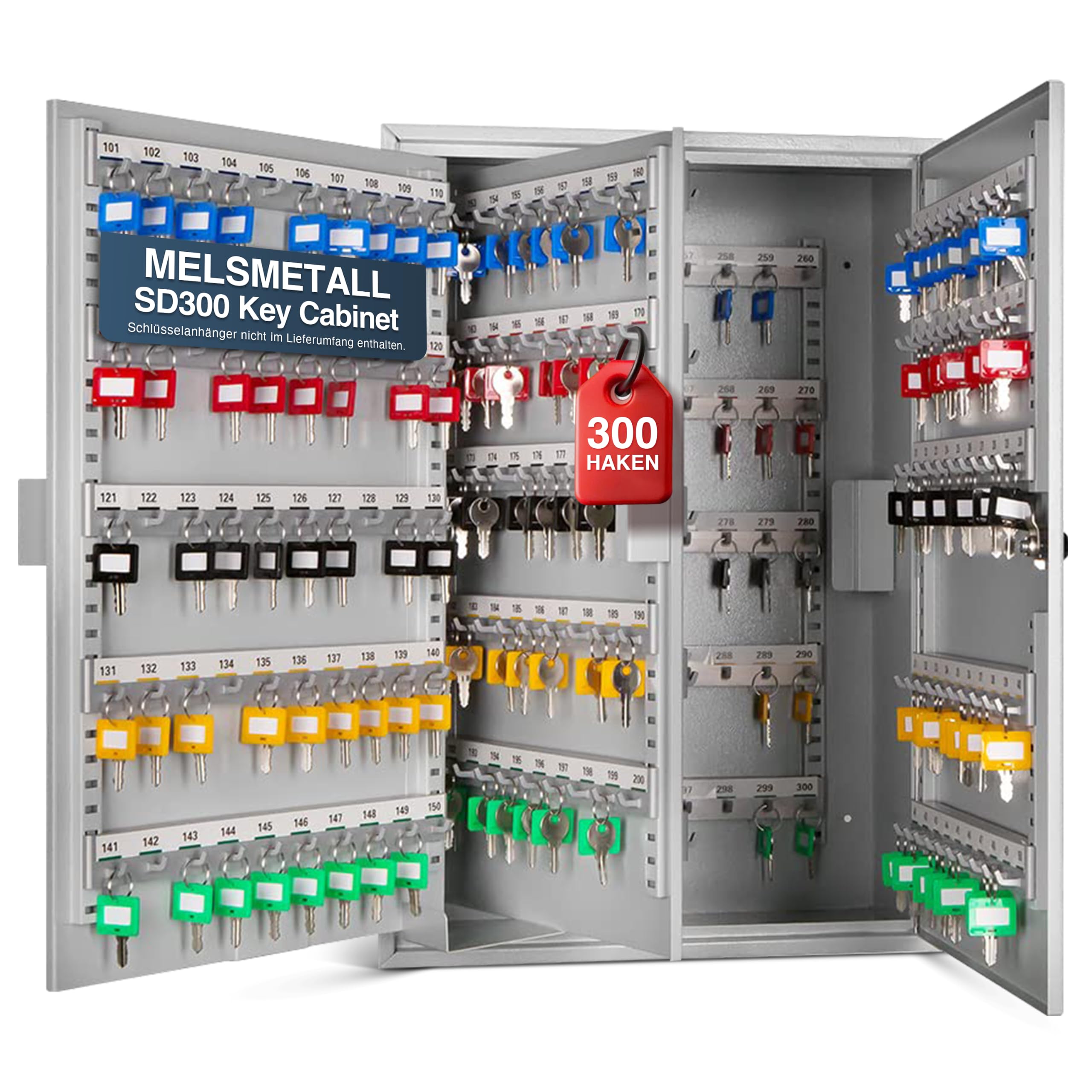 Schlüsselkasten SD300 – Schlüsselschrank mit 300 Haken, robuste Schlüsselbox aus Stahl, abschließbarer Safe, magnetische Außenseite, höhenverstellbare Leisten, Wandmontage (55x38x20cm)