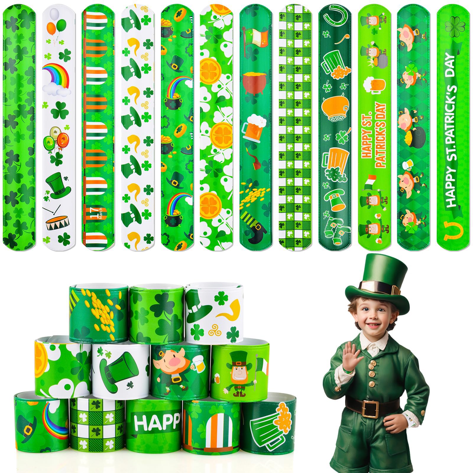 36PCS St Patricks Day Decorations Slap Bracelets Bright Green Lucky Shamrock Designs Rainbows - Image 4