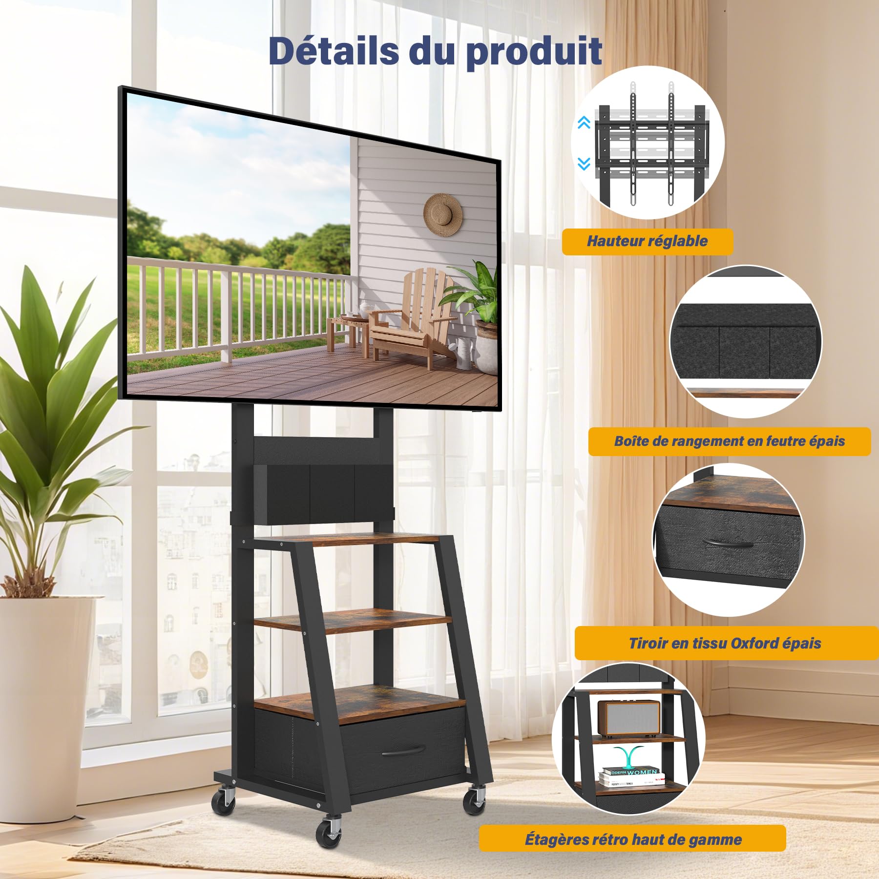 Support TV à roulettes avec tiroir et 3 Niveaux, Plats/incurvés de 23"-60" LCD/LED/OLED. Hauteur réglable Chariot TV Mobile avec roulettes pour Maison, Bureau et l'extérieur. VESA Max 400 x 400 mm