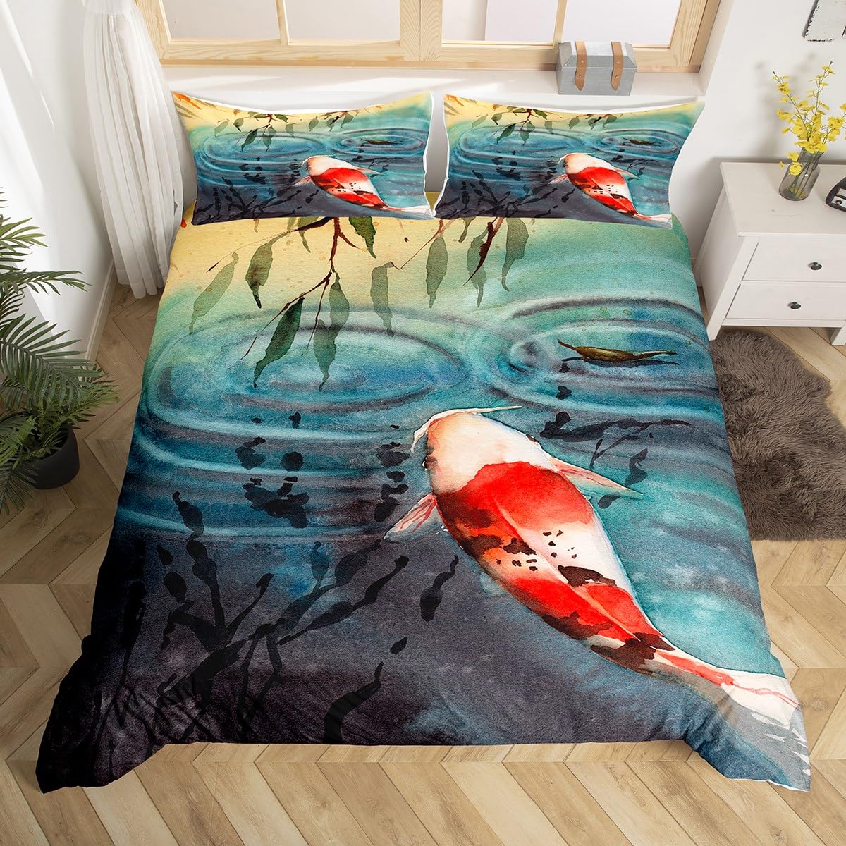 Homemissing Kids Koi Bedding Set Fish Duvet Cover for Boys Girls Teens Bedroom Decor Ocean Theme Comforter Cover Set White Red Carp Ripples Bedspread Cover With 2 Pillow Case Double