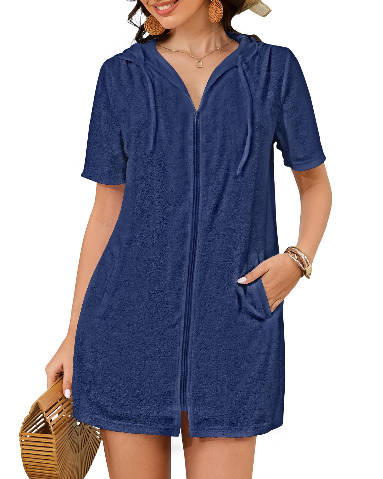 Bsubseach Cubierta de tela de rizo, para mujer, con cremallera, con capucha, para playa, con bolsillos
