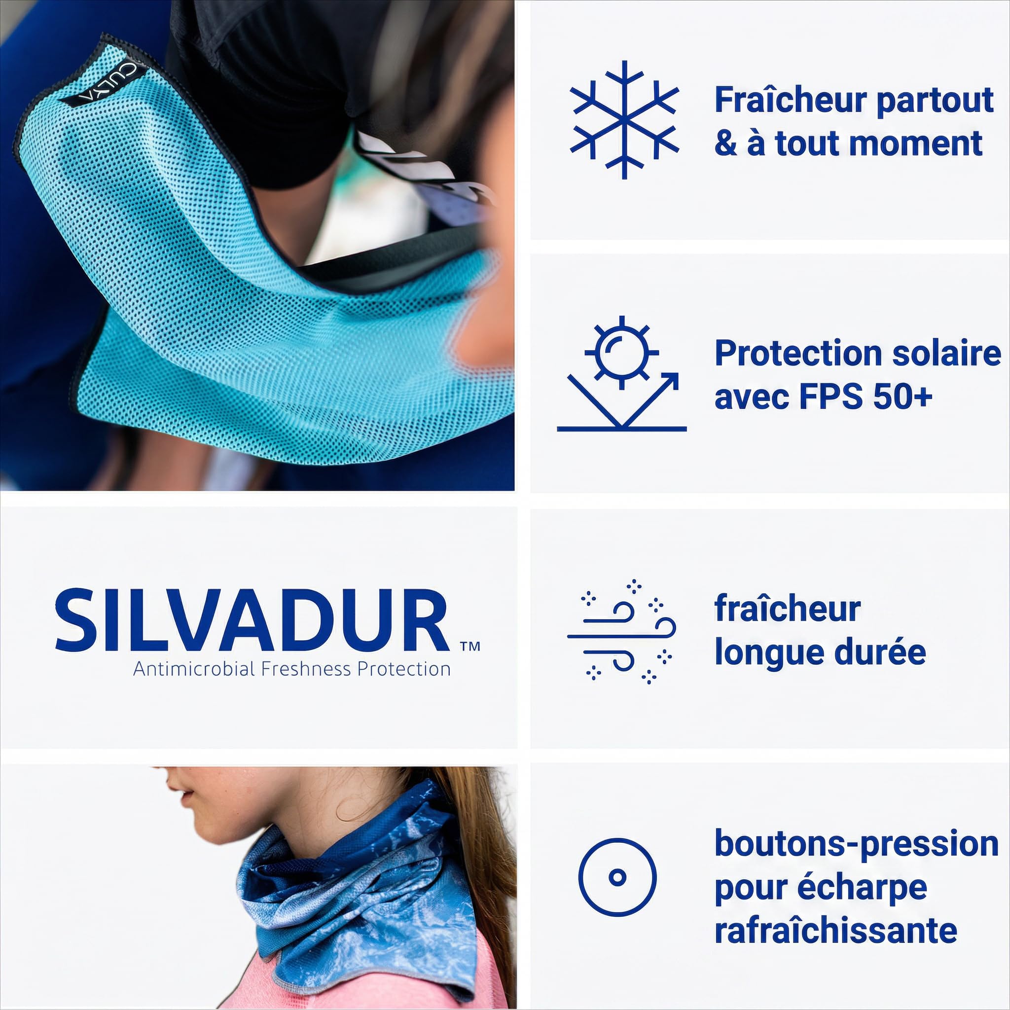 Serviette Rafraîchissante 90 × 30 cm avec Boutons Pression – Serviette de Refroidissement Réutilisable pour Sport & Forte Chaleur, UPF 50+, Facile à Réactiver – Humidifier et Secouer