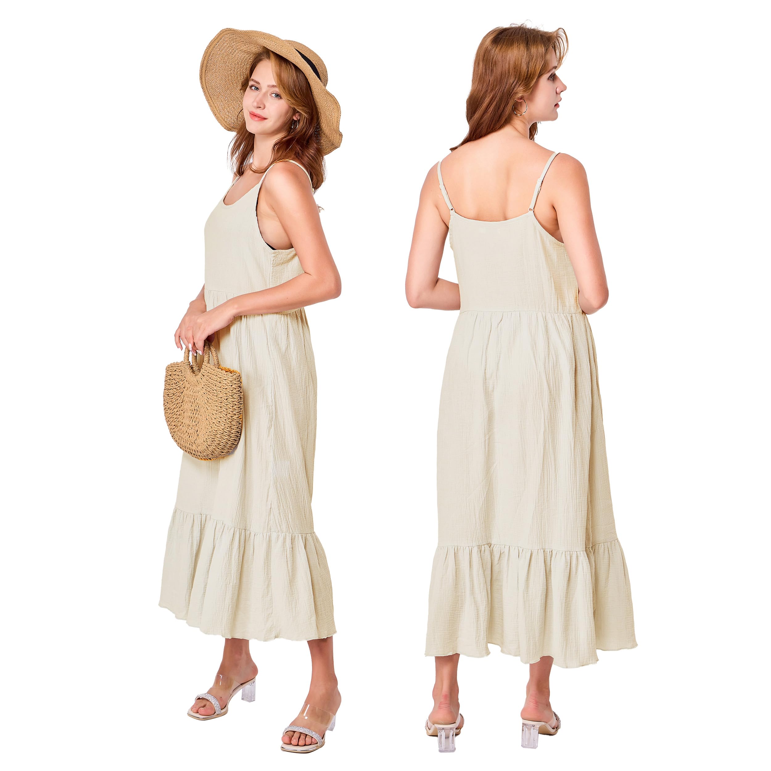 Simple&Opulence Vestido largo de algodón casual de verano para mujer, holgado, sin mangas, tirantes delgados, escalonado, bohemio, vestido de verano para la playa
