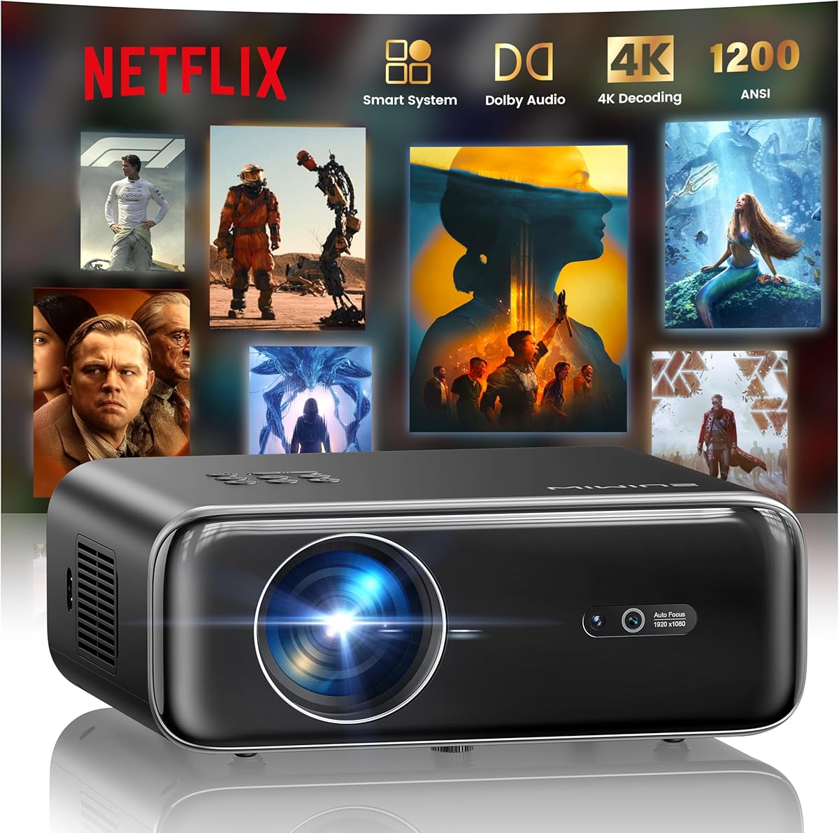 【Netflix Officially/Dolby Audio】Smart 4K Projector,1200ANSI FHD 1080P Portable Projector,HDR10 Short Throw Auto Focus/Keystone WiFi6 Bluetooth 50% Zoom Home Cinema Projectors for Bedroom,Outdoor,Gifts
